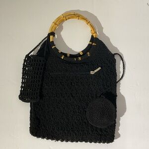 Black Crochet Tote Bag with Bamboo Handles